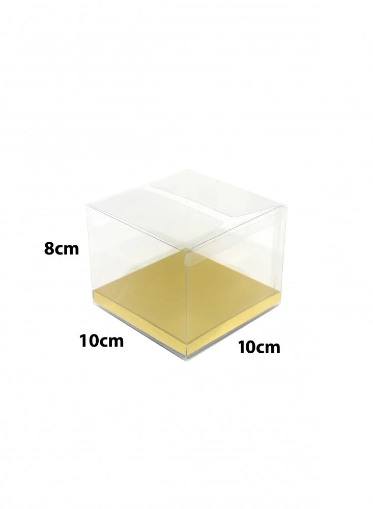 علب توزيعات شفاف ( 12 قطع ) بقاعدة ذهبية مقاس 10سم *10سم ارتفاع 8 سم